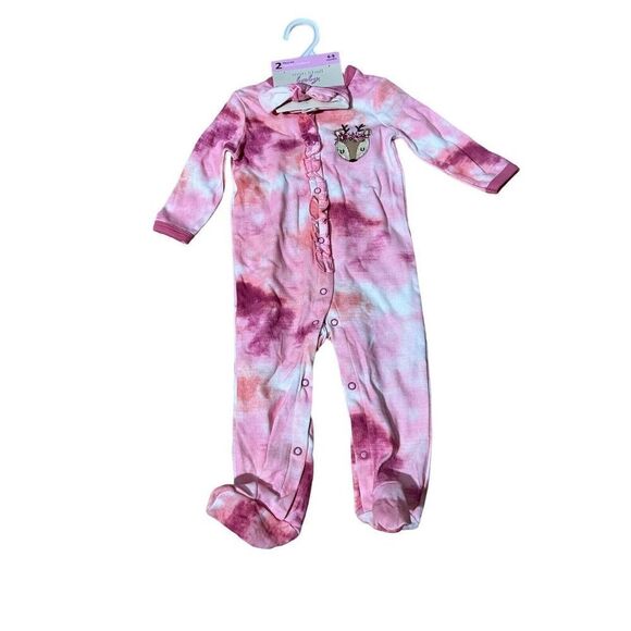 Mon Cheri Baby 2pc Set Pink Footie And Headband Reindeer Theme - Picture 1 of 7